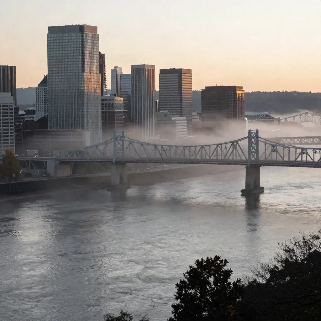 Portland skyline and river bridges in low fog above the Willamette at first light.