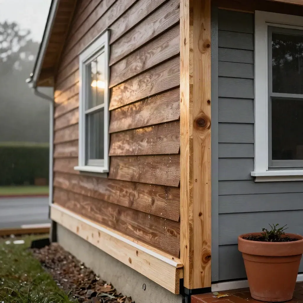 Freshly painted exterior siding and trim on a craftsman facade after rain