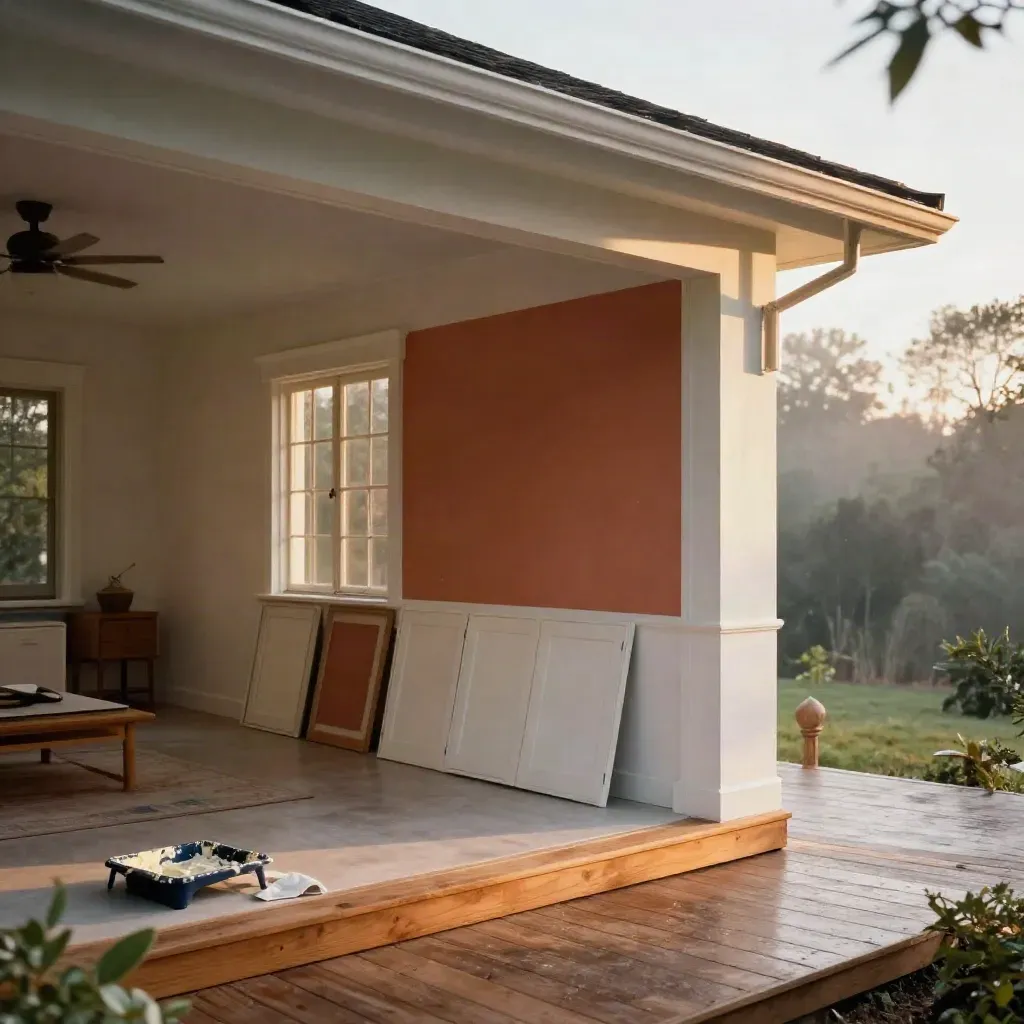 Freshly painted living room opens to a porch with deck stain, cabinet doors, and warm storm-cleared light.