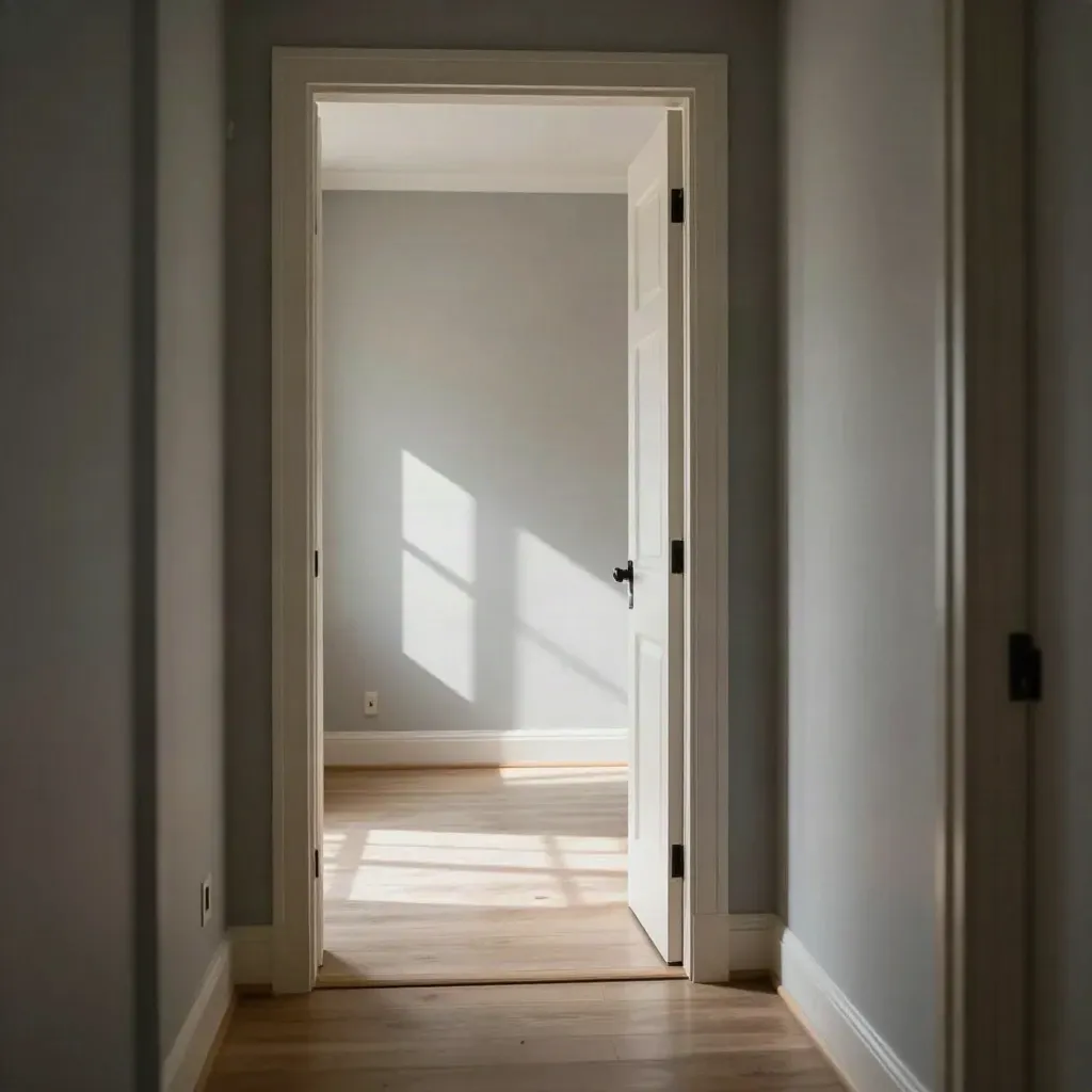 Freshly painted rental interior viewed through a doorway, move-in ready and empty.