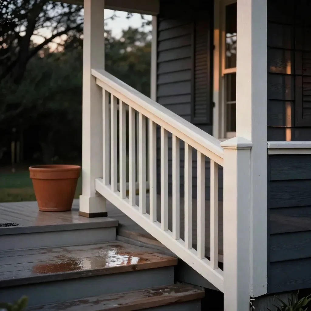 Freshly painted front porch trim and clean threshold at dusk, low angle with terracotta accent.