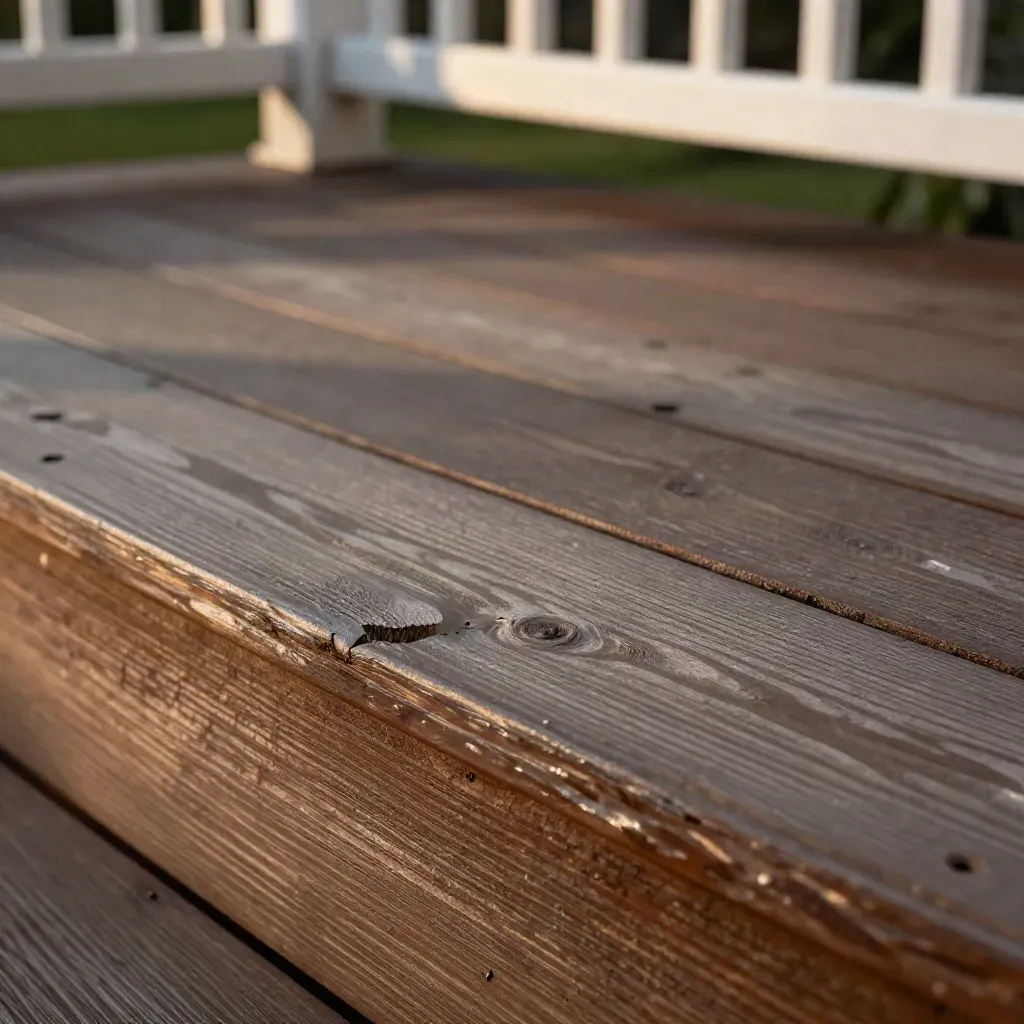 Dark-stained deck boards with a clean rail line in soft late-summer light.