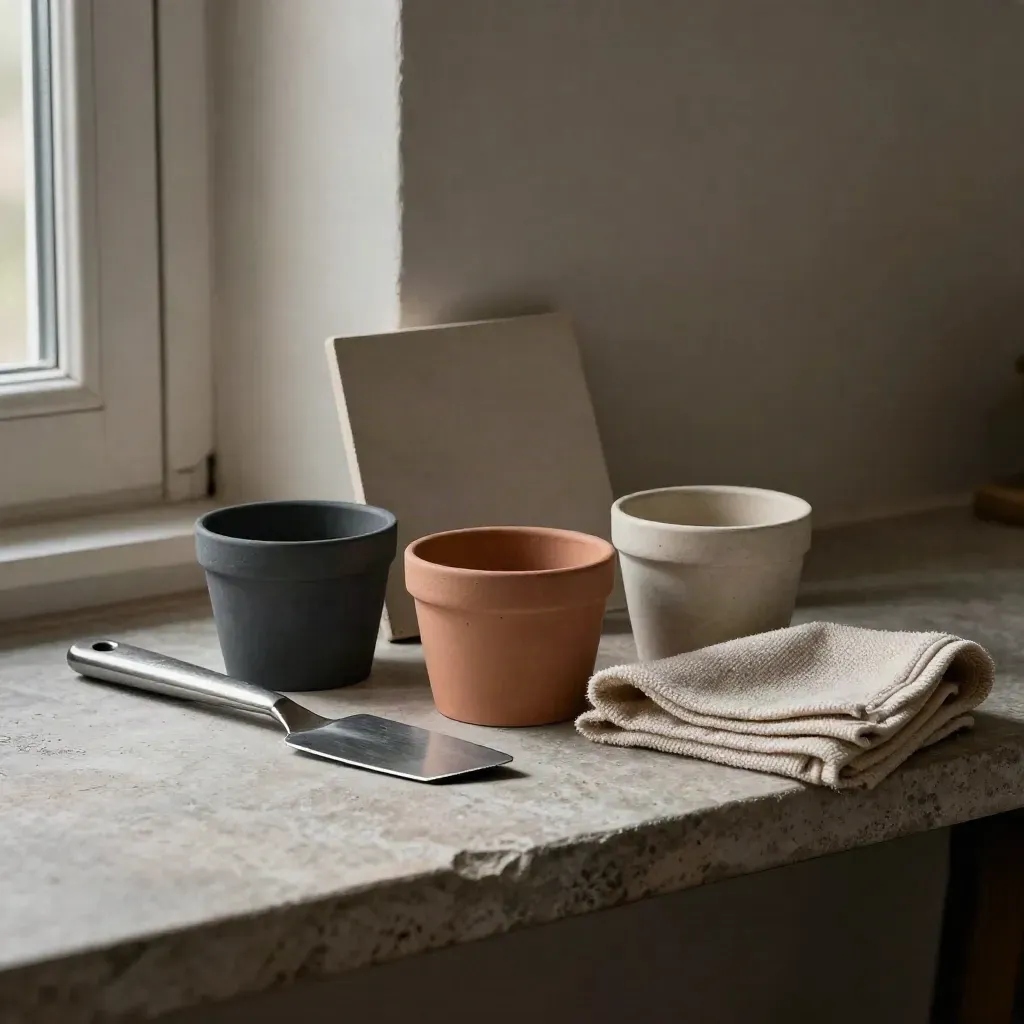 Paint sample pots, scraper, dust cloth, and wall sample on a stone shelf in soft side light.