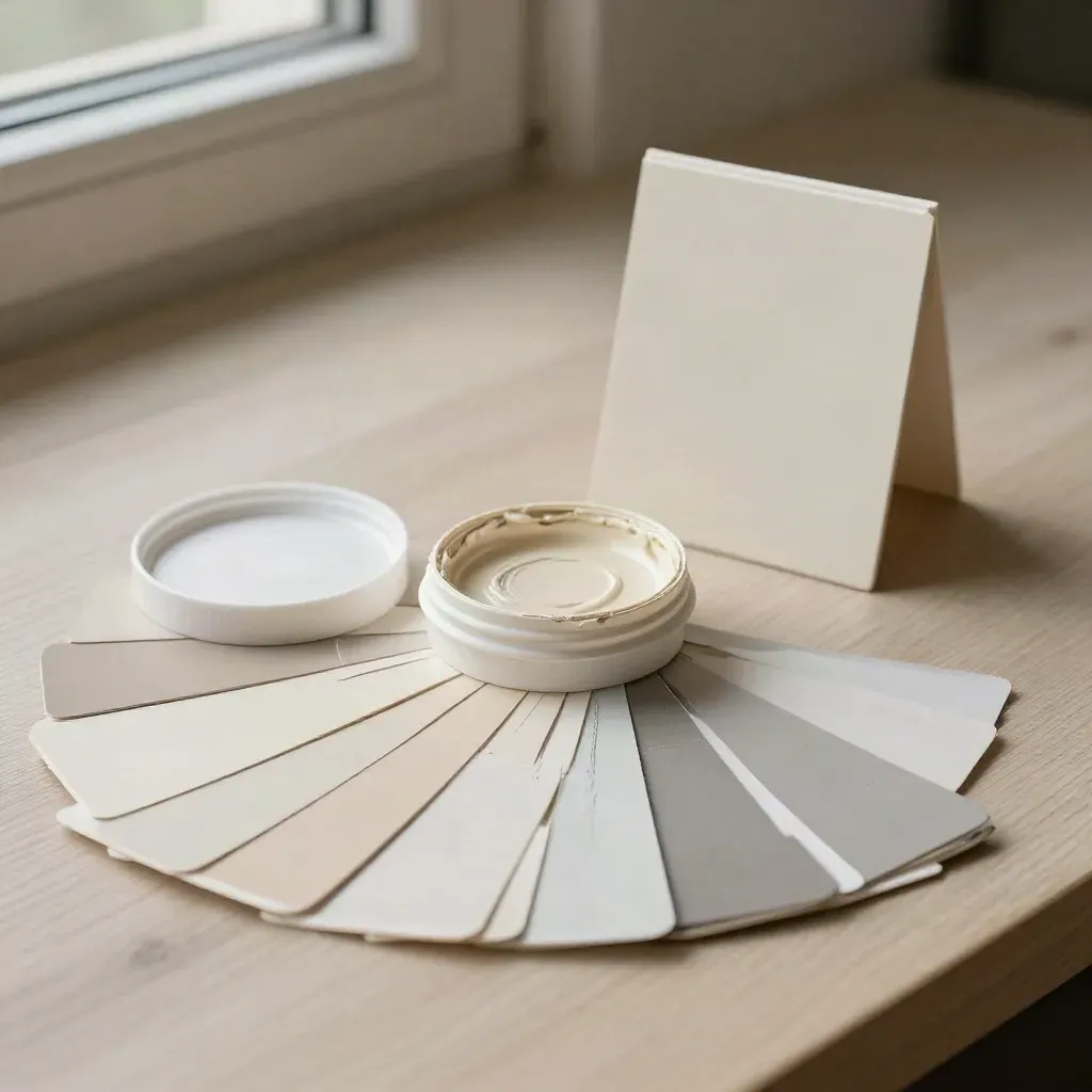 Neutral paint swatches, sample card, and paint lid on pale wood with soft side light.