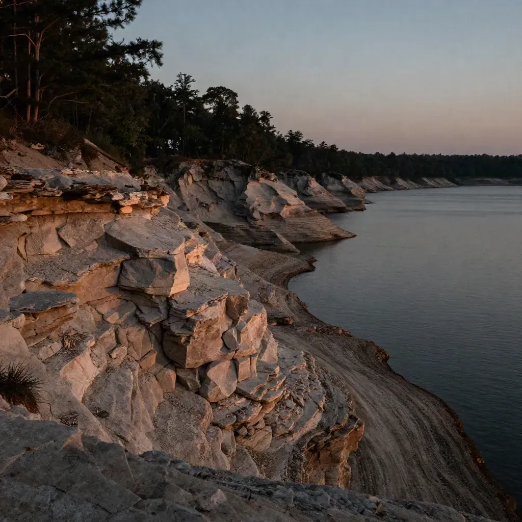 West Austin bluffs above a hazy lake at dusk with calm open water for copy